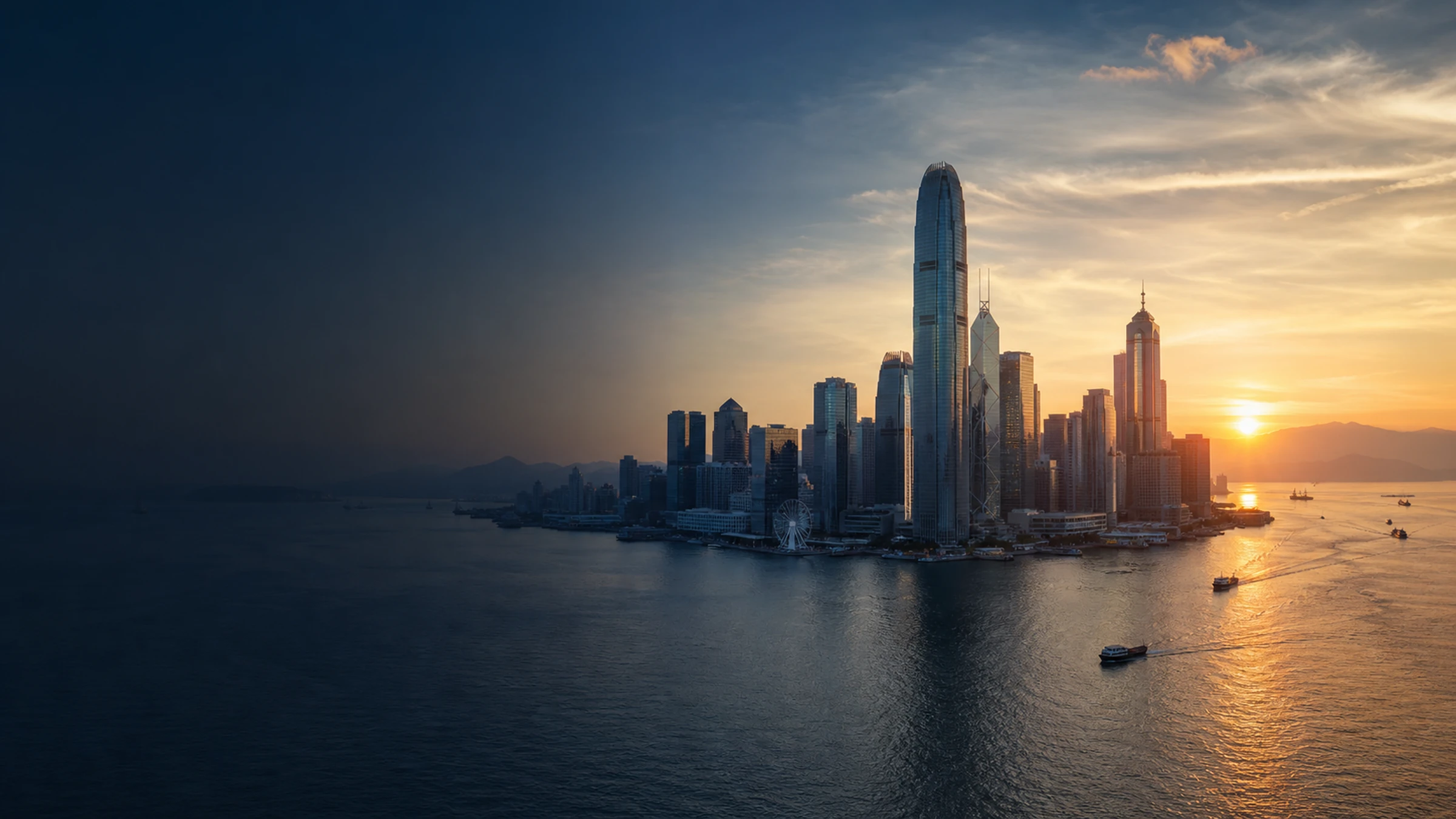 Victoria Harbour skyline through a rising-sun sequence